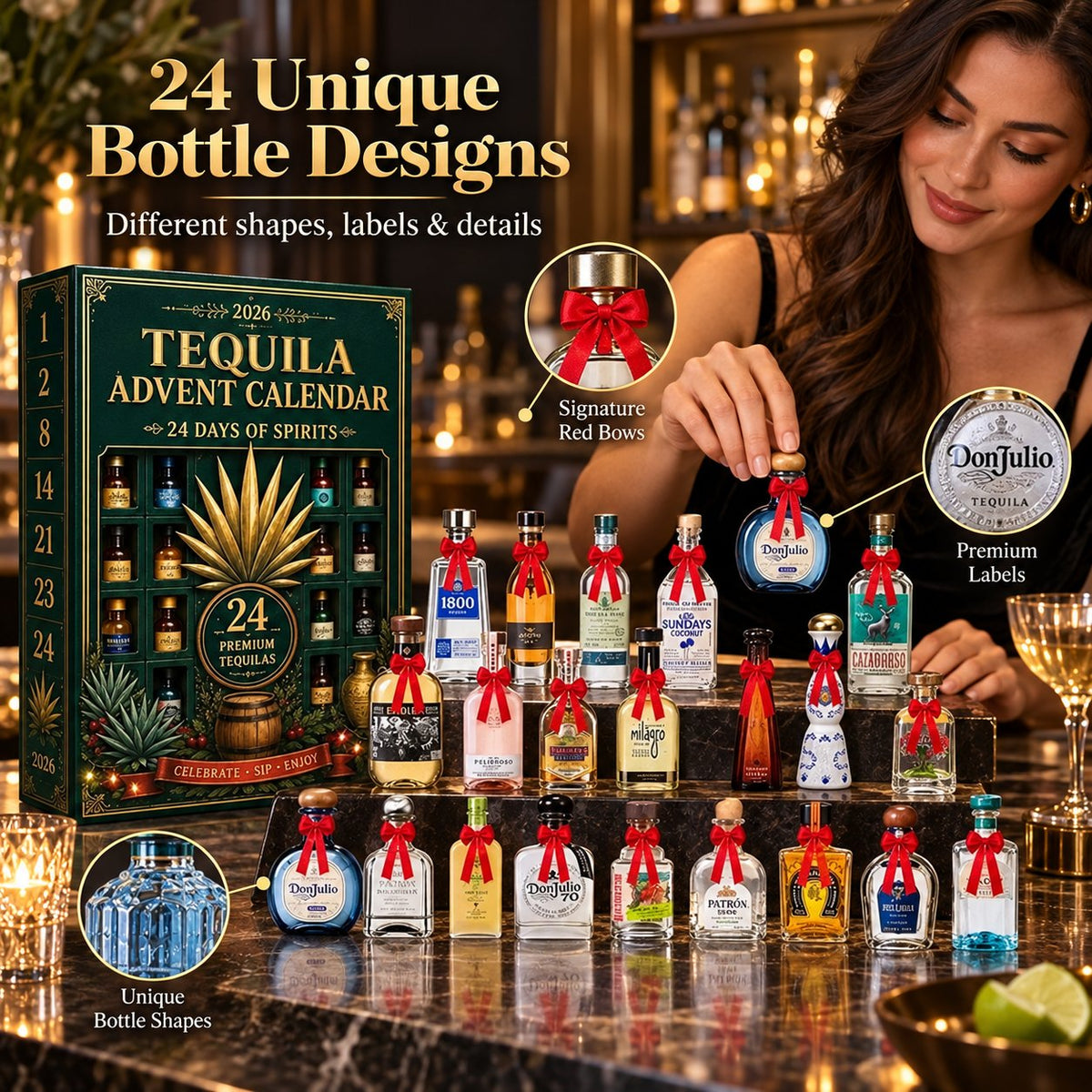 24-Day Mini Tequila Bottle Advent Blind Box for Holiday Celebration, Bar Table Decor, Collector Gift & Family Countdown