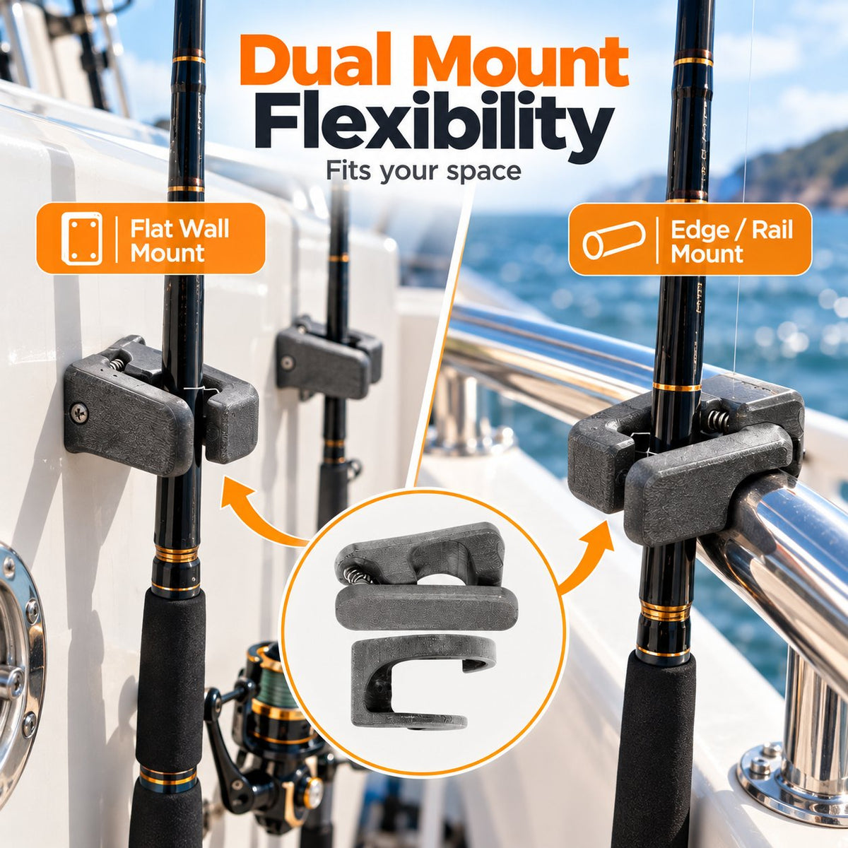 Marine Grade Fishing Rod Mount | Space Saving Wall & Rail Holder