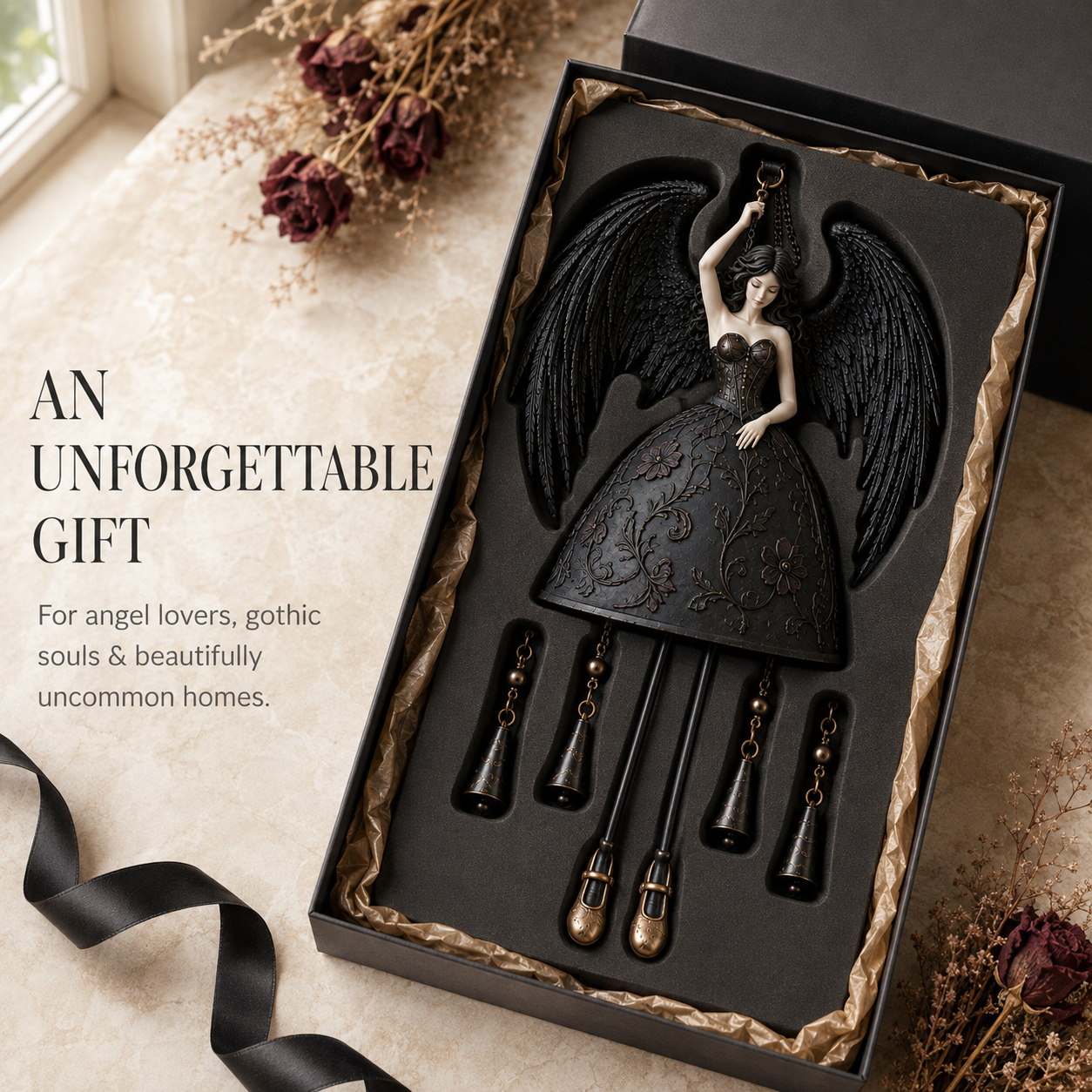 Dark Angel wind chime being lifted from an elegant gift box
