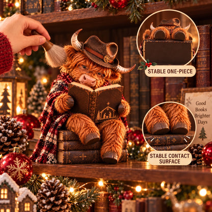 🐮Enchanted Highland Cow Reader Sculpture, Winter Tabletop Book Nook Decor🎄