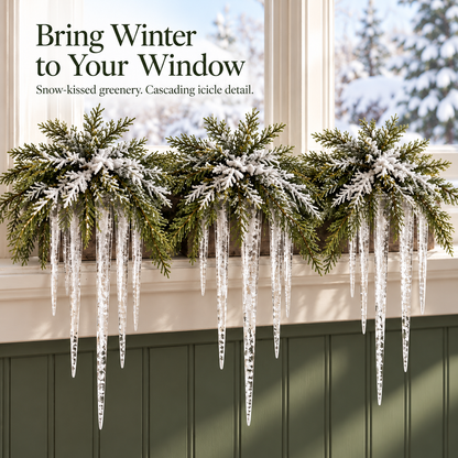🎄 Snow-Frosted Cedar & Icicle Hanging Accent