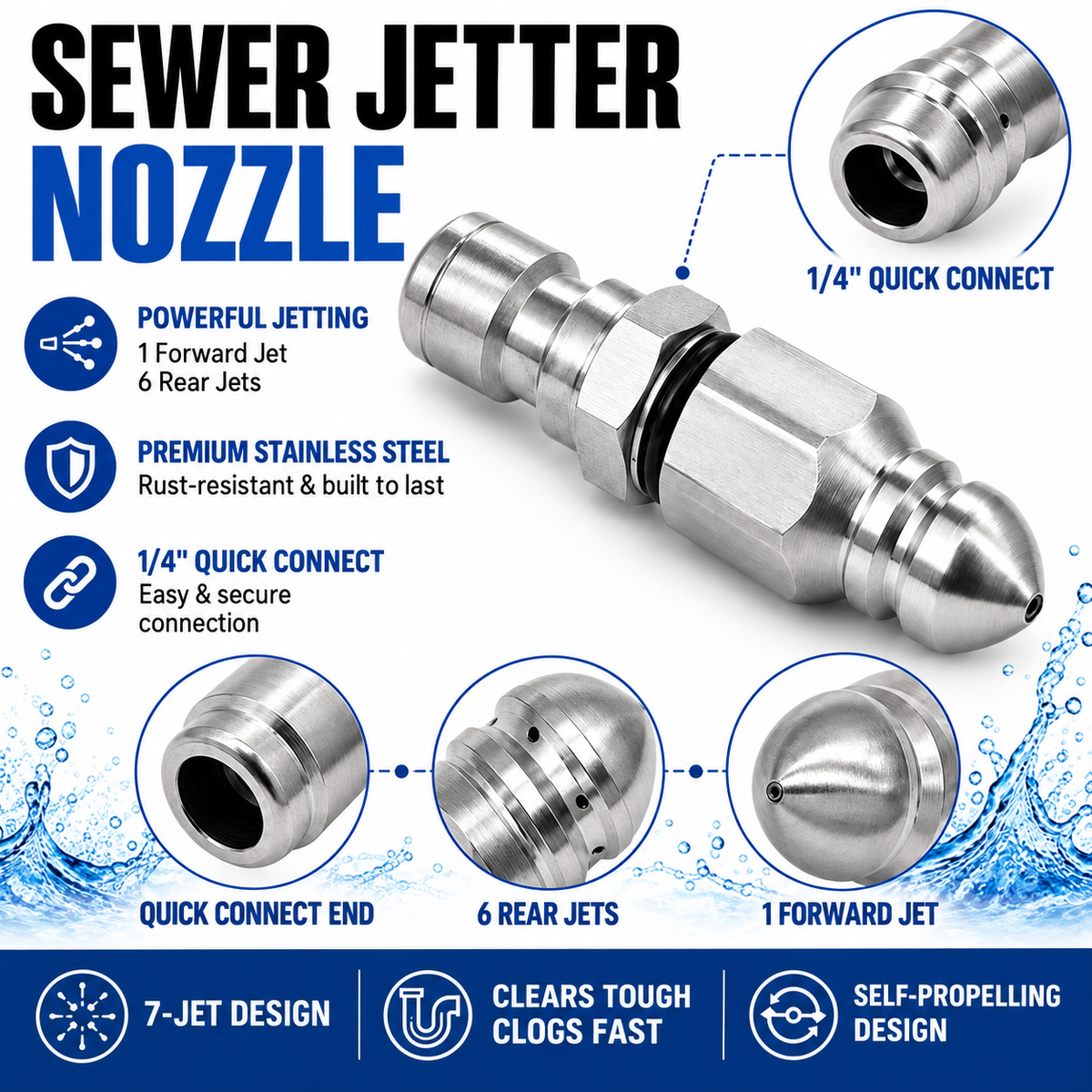 Stainless Steel Sewer Jetter Nozzle – 1/4' Quick Connect Drain Cleaning Attachment for Pressure Washers