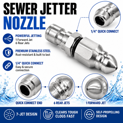 Stainless Steel Sewer Jetter Nozzle – 1/4' Quick Connect Drain Cleaning Attachment for Pressure Washers