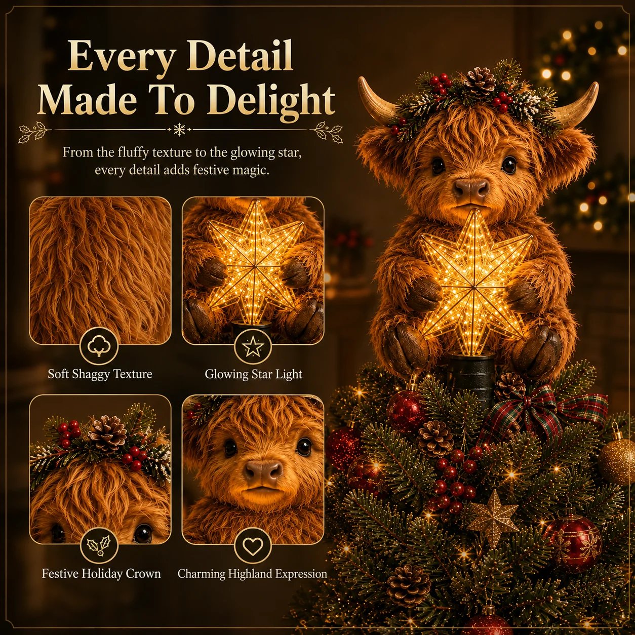 🎄Illuminated tree topper “Baby Highland cow with star”✨