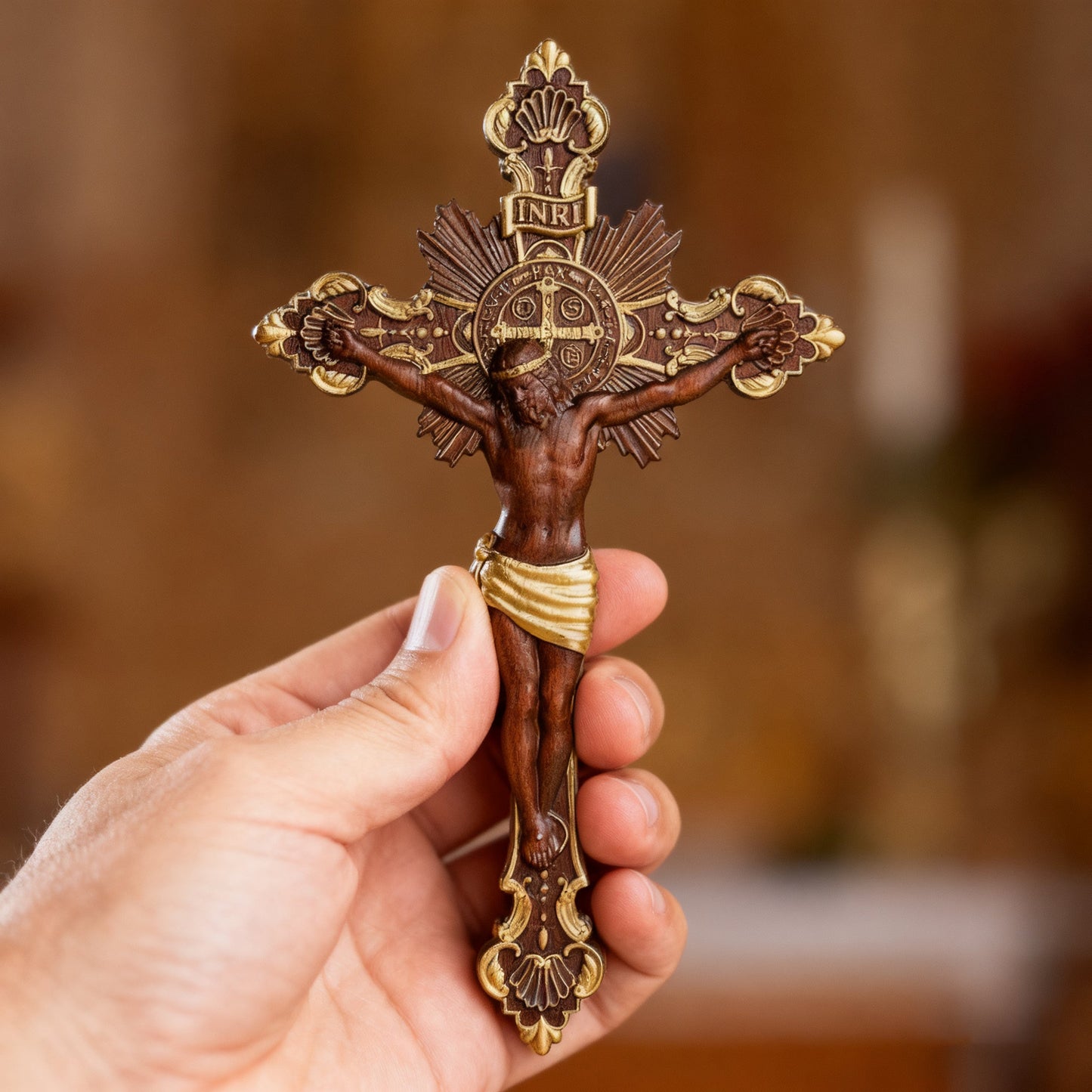 St. Benedict Exorcism Cross wood carved - Bless you and your family - size and finish detail