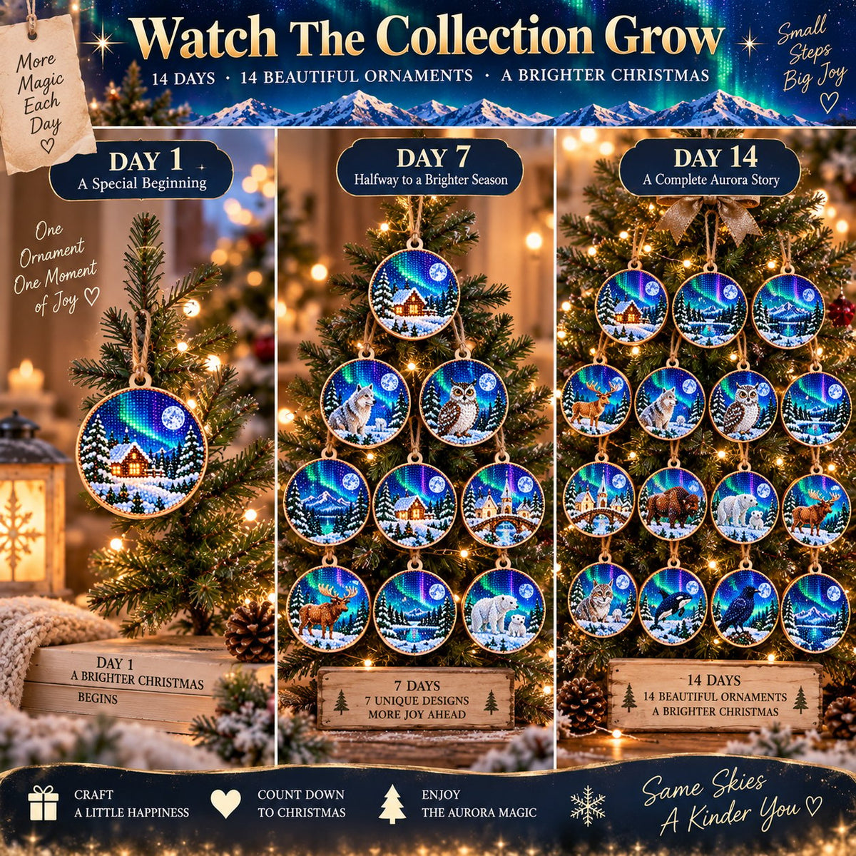 🌌 14-Day Aurora Diamond Painting Advent Calendar – DIY Wooden Christmas Ornament Kit