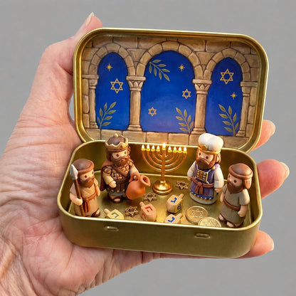 Council by Candlelight - A Miniature Hanukkah Menorah Diorama in a Golden Keepsake Tin