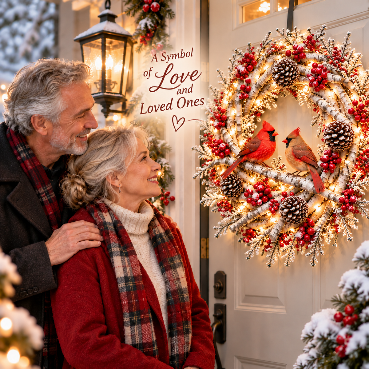 🔥 LAST DAY 49% OFF 🔥 ❤️🐦 Cardinals Together™ – Lighted Snowy Birch Christmas Wreath with Male & Female Cardinals 🎄✨