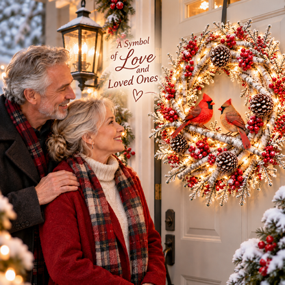 🔥 LAST DAY 49% OFF 🔥 ❤️🐦 Cardinals Together™ – Lighted Snowy Birch Christmas Wreath with Male & Female Cardinals 🎄✨