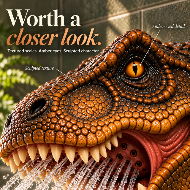 Close-up of the shower water emerging from the T-Rex mouth