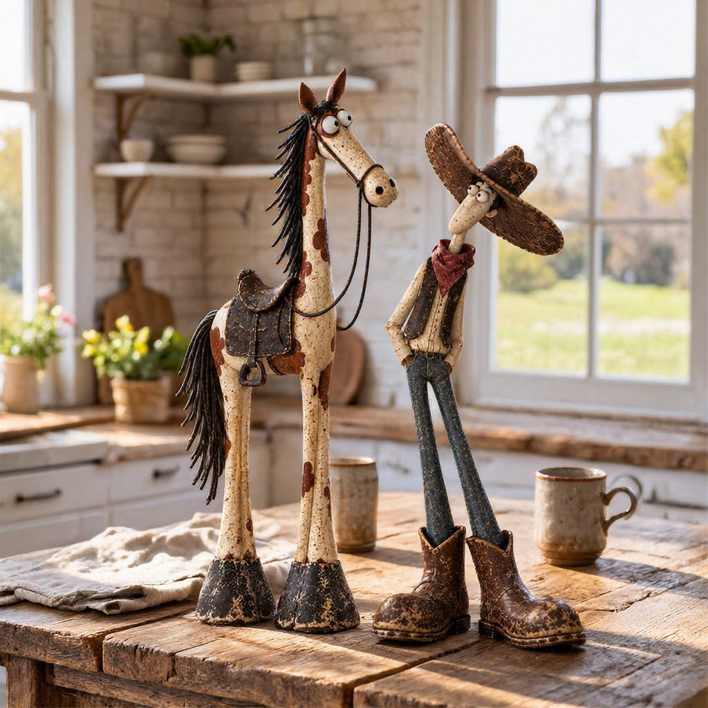 Whimsical Western Cowboy & Horse Figurine Duo 🤠🐴