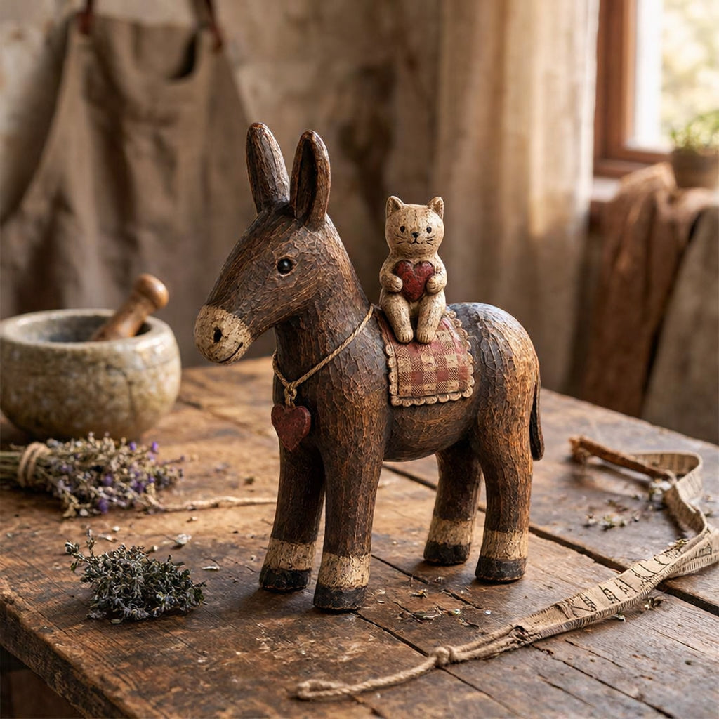 Rustic Donkey and Cat Friendship Figurine