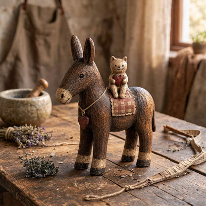 Rustic Donkey and Cat Friendship Figurine