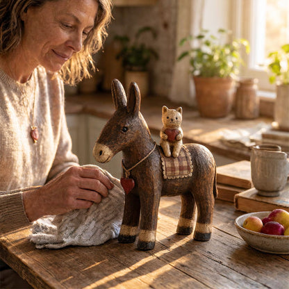 Rustic Donkey and Cat Friendship Figurine