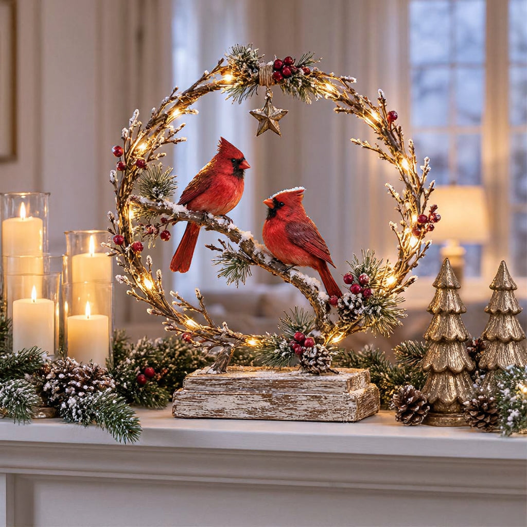 Lighted Cardinal Tabletop Decor, Rustic Red Cardinal Pair with Warm LED Lights