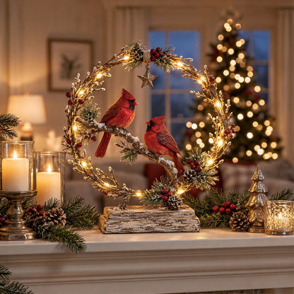 Lighted Cardinal Tabletop Decor, Rustic Red Cardinal Pair with Warm LED Lights