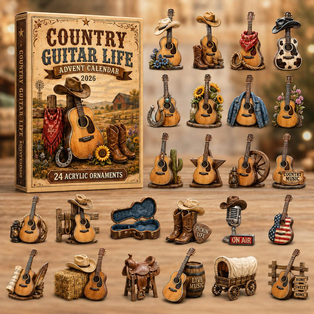 Country Guitar Life Advent Calendar with 24 acrylic ornaments