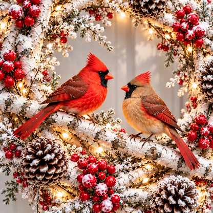 🔥 LAST DAY 49% OFF 🔥 ❤️🐦 Cardinals Together™ – Lighted Snowy Birch Christmas Wreath with Male & Female Cardinals 🎄✨