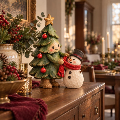 🎄 Christmas Tree & Snowman Figurine – Hand-Painted Rustic Holiday Tabletop Decor for Home & Christmas Gifts ☃️