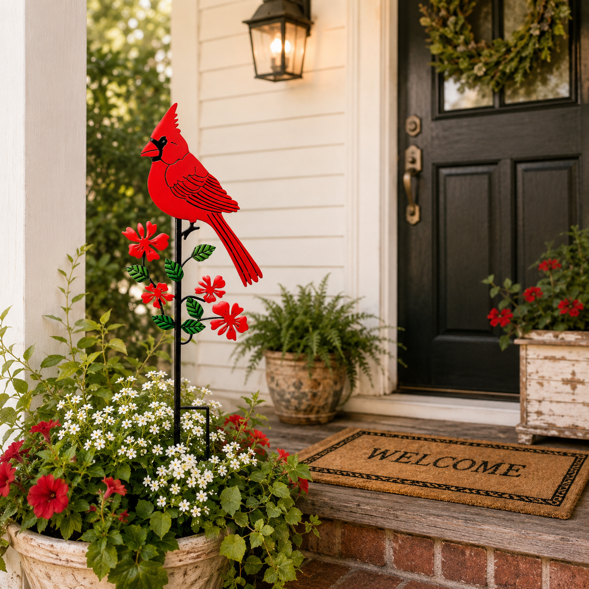 Red cardinal garden stake displayed in a bright entryway planter