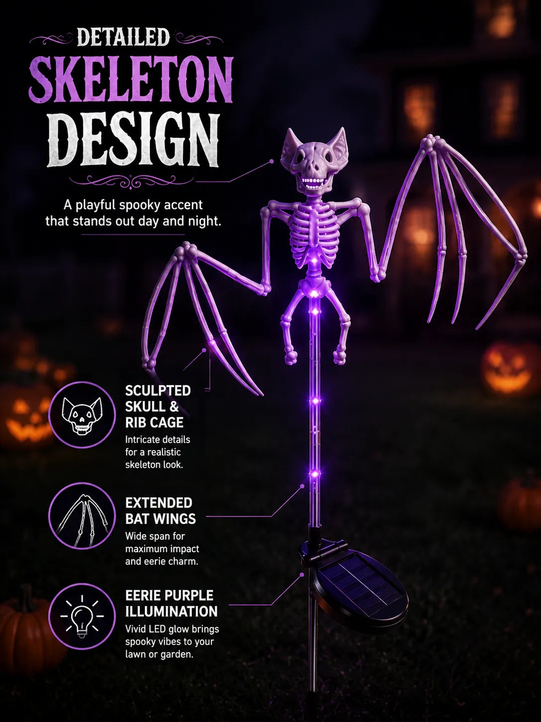 🦇💀 Haunted Bat Bone Solar Stake