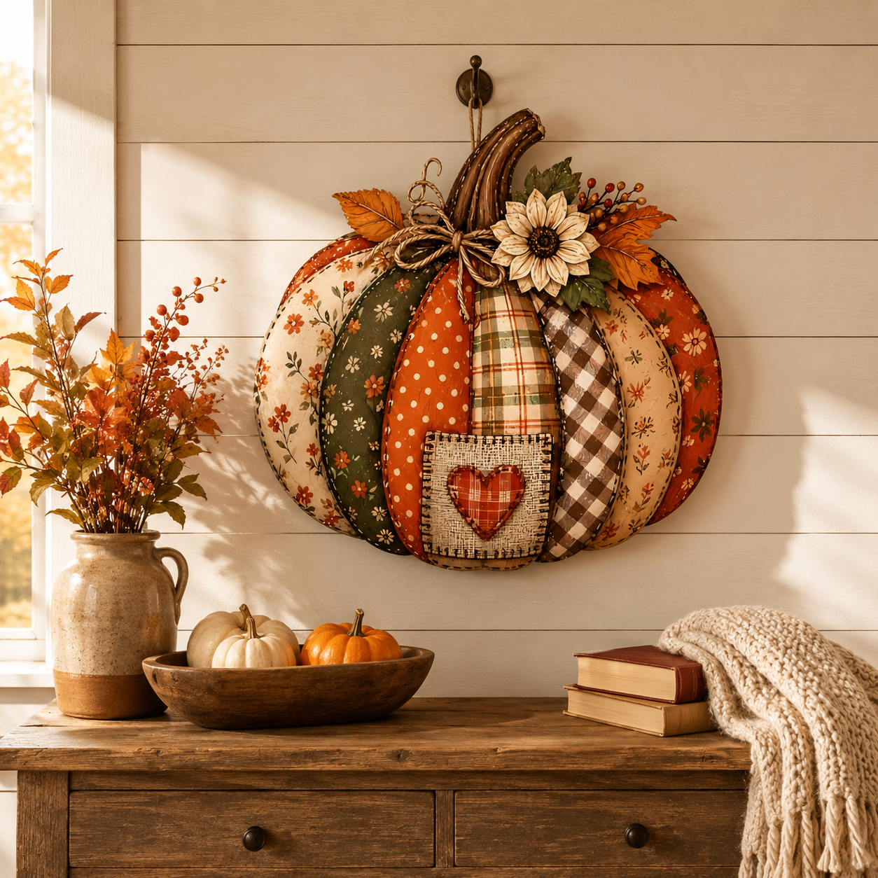 🍂🎃Autumn Retro Patchwork Pumpkin Door Hanging with Lights