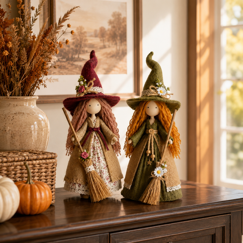 Whimsical Harvest Witch Dolls — Set of 2
