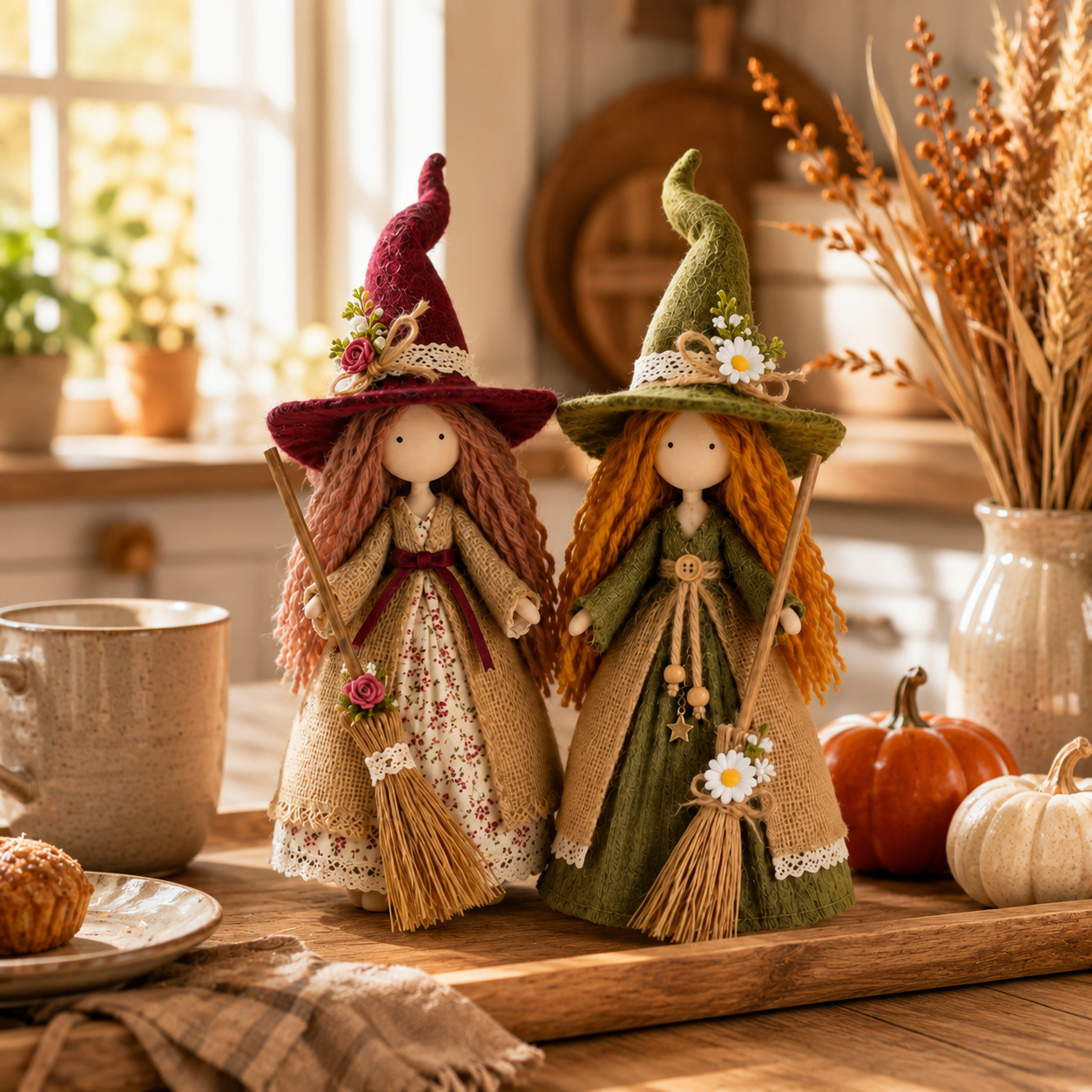Whimsical Harvest Witch Dolls — Set of 2