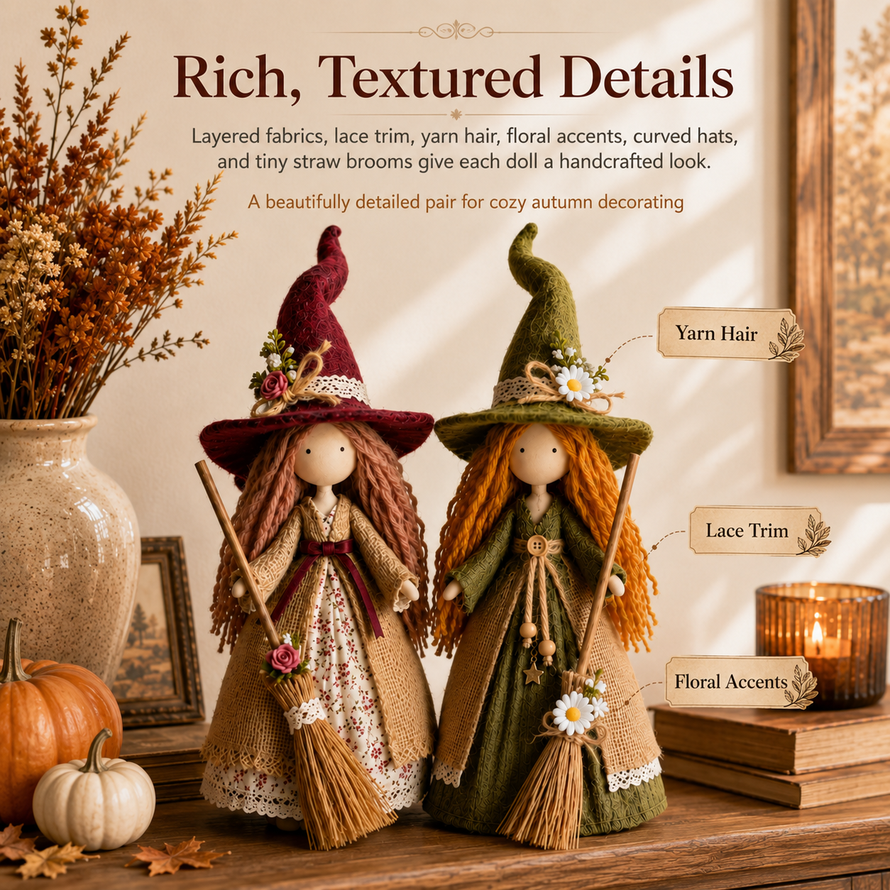 Whimsical Harvest Witch Dolls — Set of 2