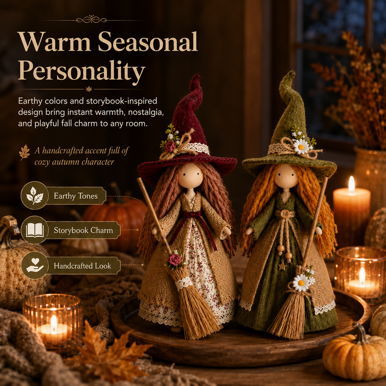 Whimsical Harvest Witch Dolls — Set of 2