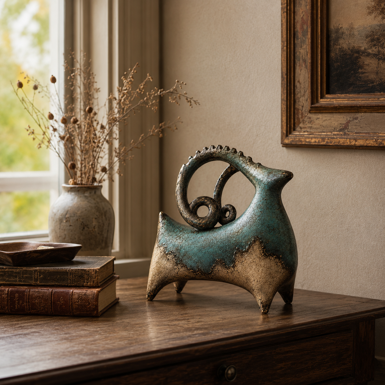 Vintage Patina Ram Sculpture