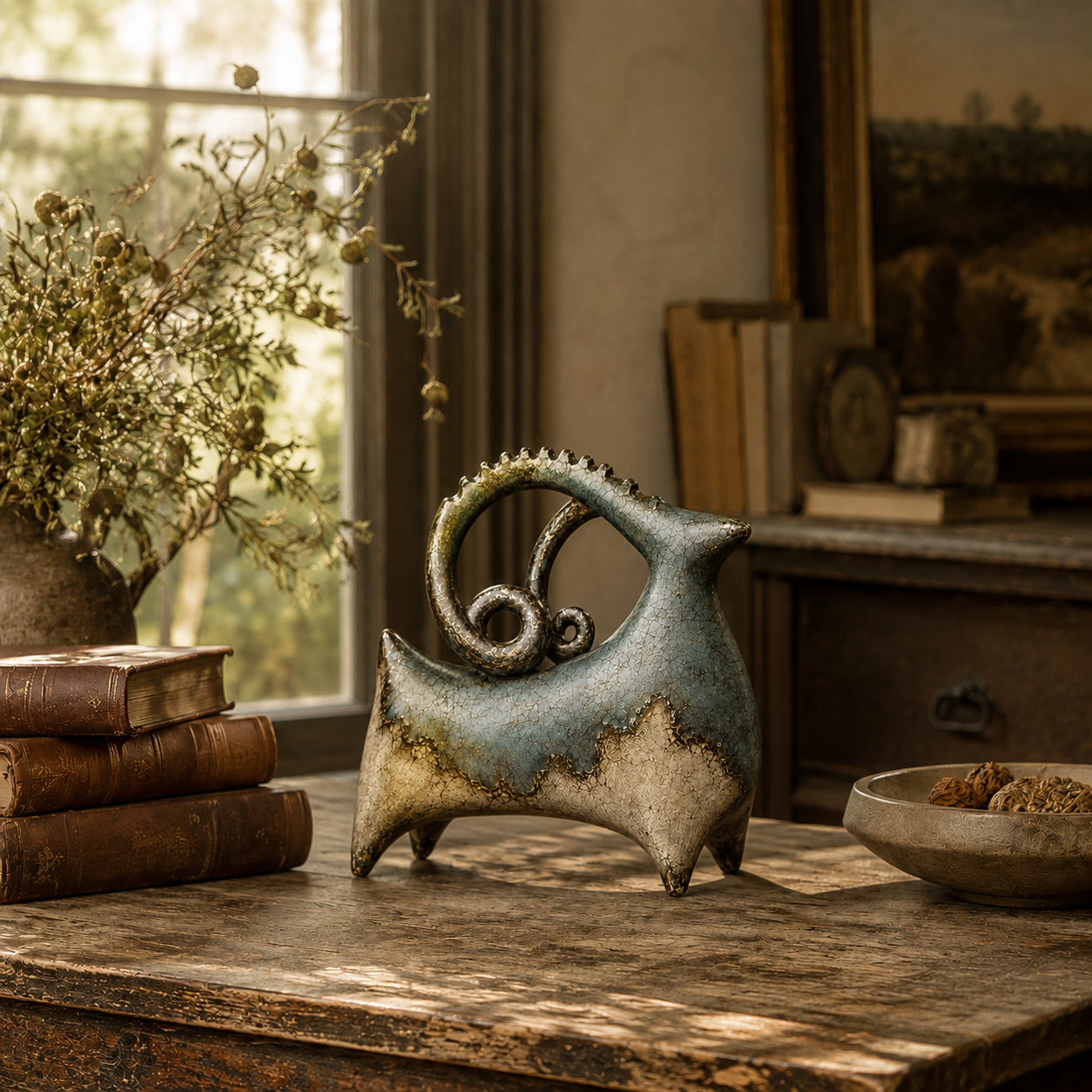 Vintage Patina Ram Sculpture