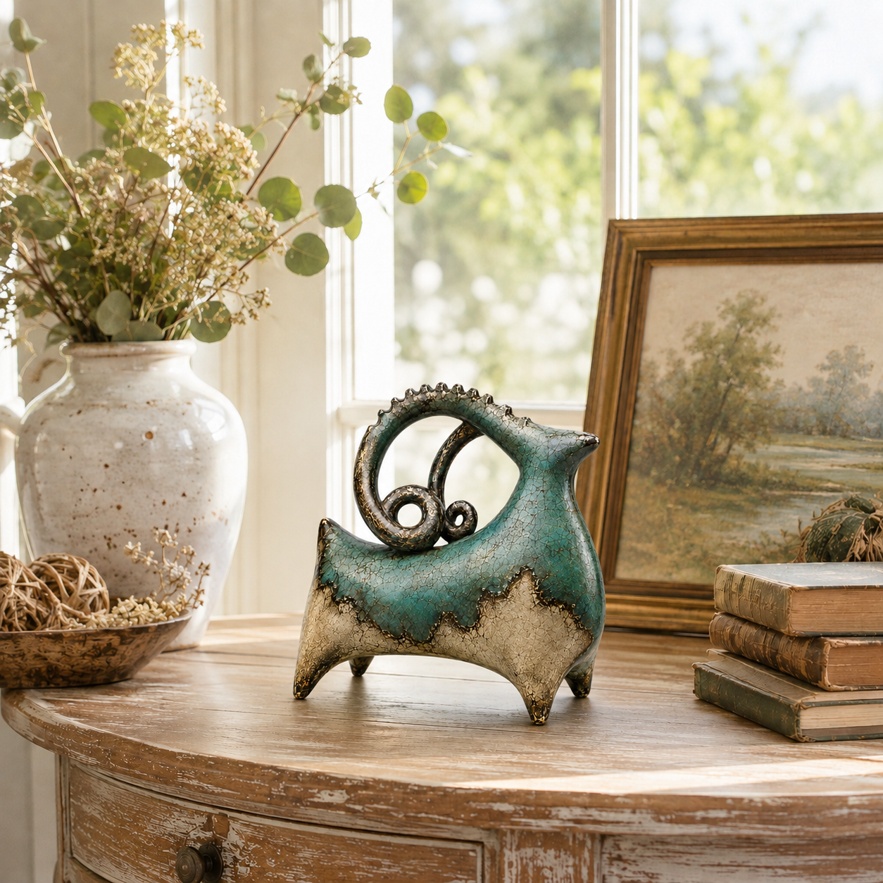 Vintage Patina Ram Sculpture