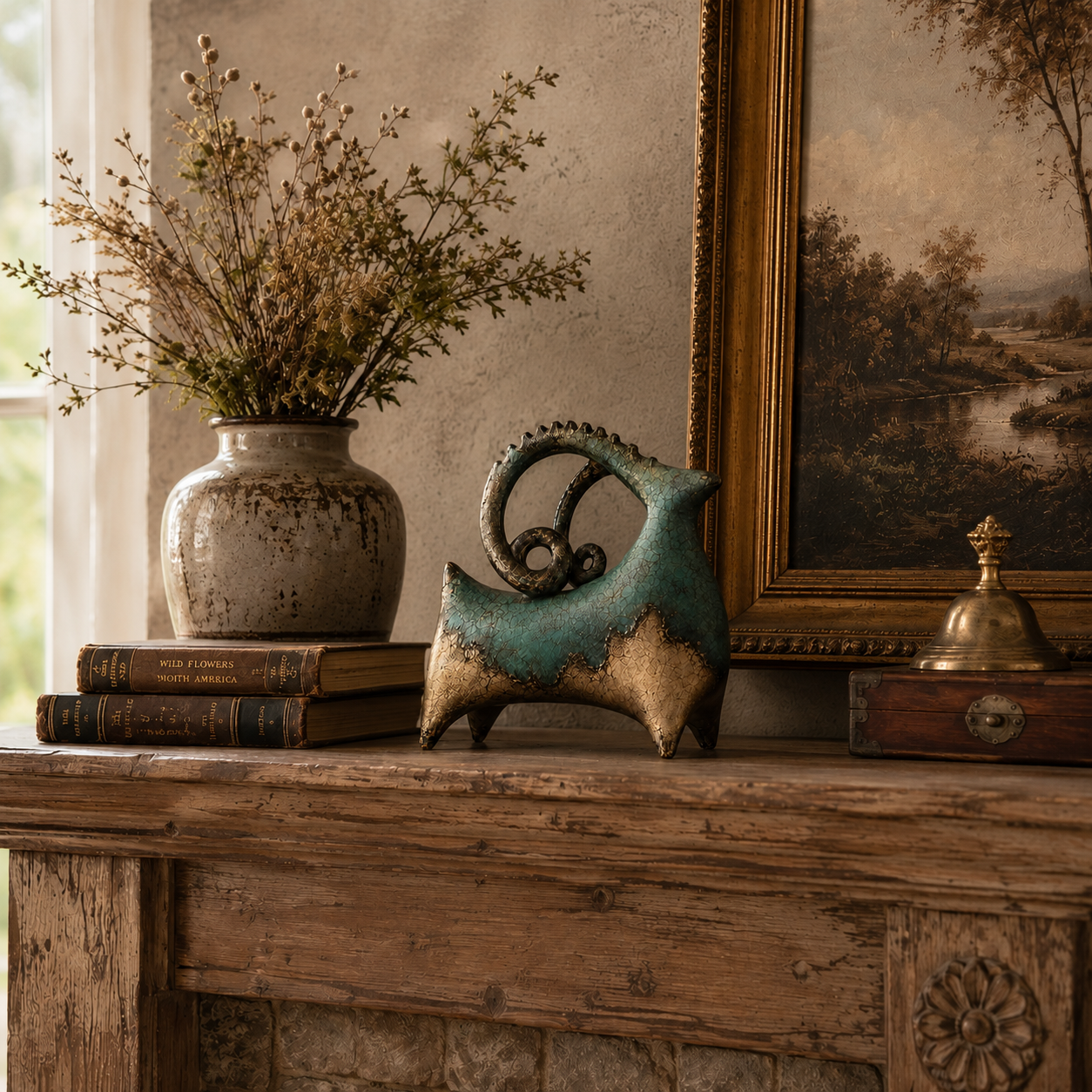 Vintage Patina Ram Sculpture