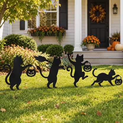 🐈‍⬛ Playful Metal Black Cat Garden Stakes – Set of 4 for Fall & Halloween Décor