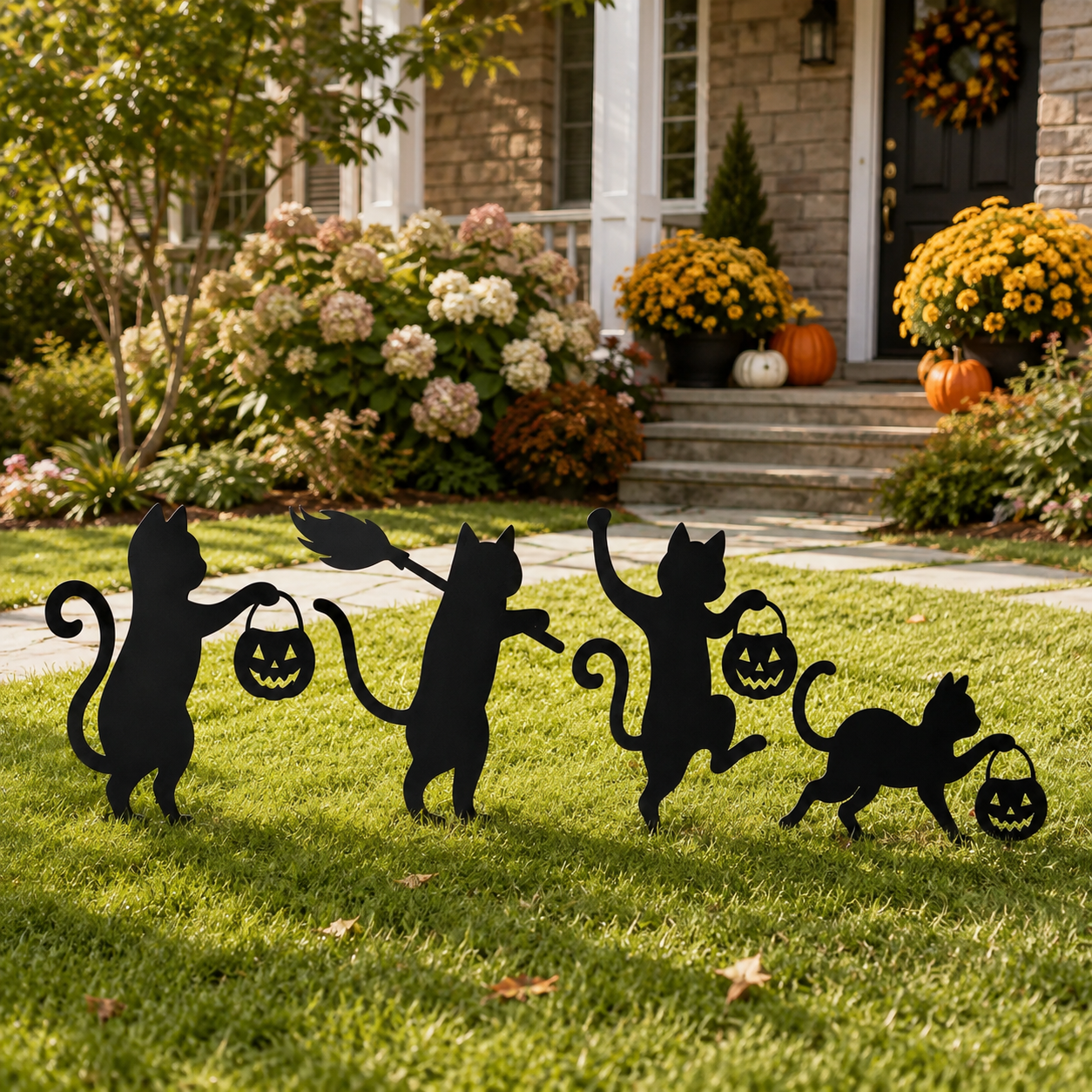 🐈‍⬛ Playful Metal Black Cat Garden Stakes – Set of 4 for Fall & Halloween Décor