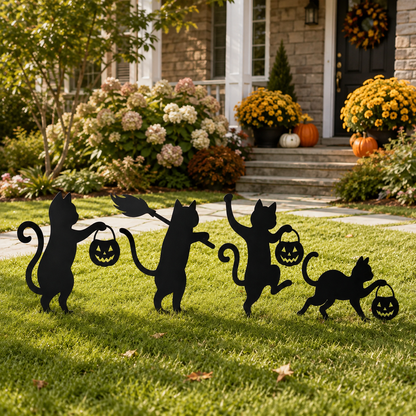 🐈‍⬛ Playful Metal Black Cat Garden Stakes – Set of 4 for Fall & Halloween Décor