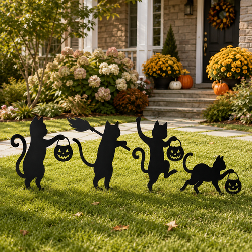 🐈‍⬛ Playful Metal Black Cat Garden Stakes – Set of 4 for Fall & Halloween Décor