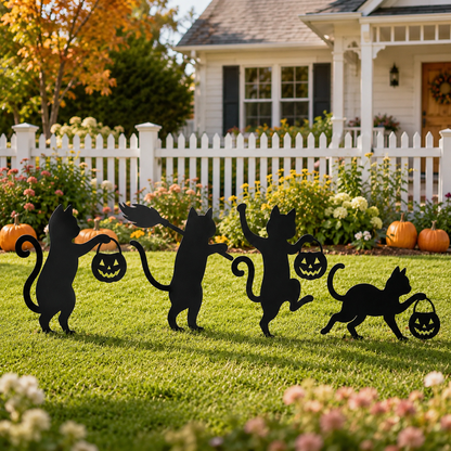 🐈‍⬛ Playful Metal Black Cat Garden Stakes – Set of 4 for Fall & Halloween Décor