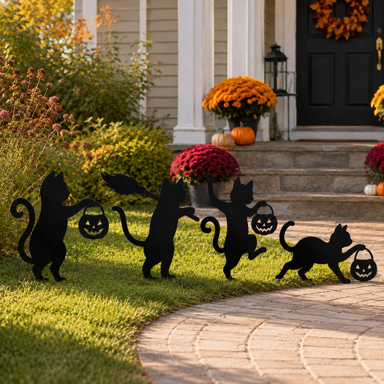 🐈‍⬛ Playful Metal Black Cat Garden Stakes – Set of 4 for Fall & Halloween Décor