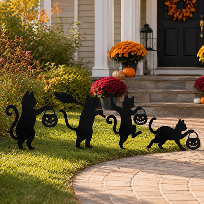 🐈‍⬛ Playful Metal Black Cat Garden Stakes – Set of 4 for Fall & Halloween Décor
