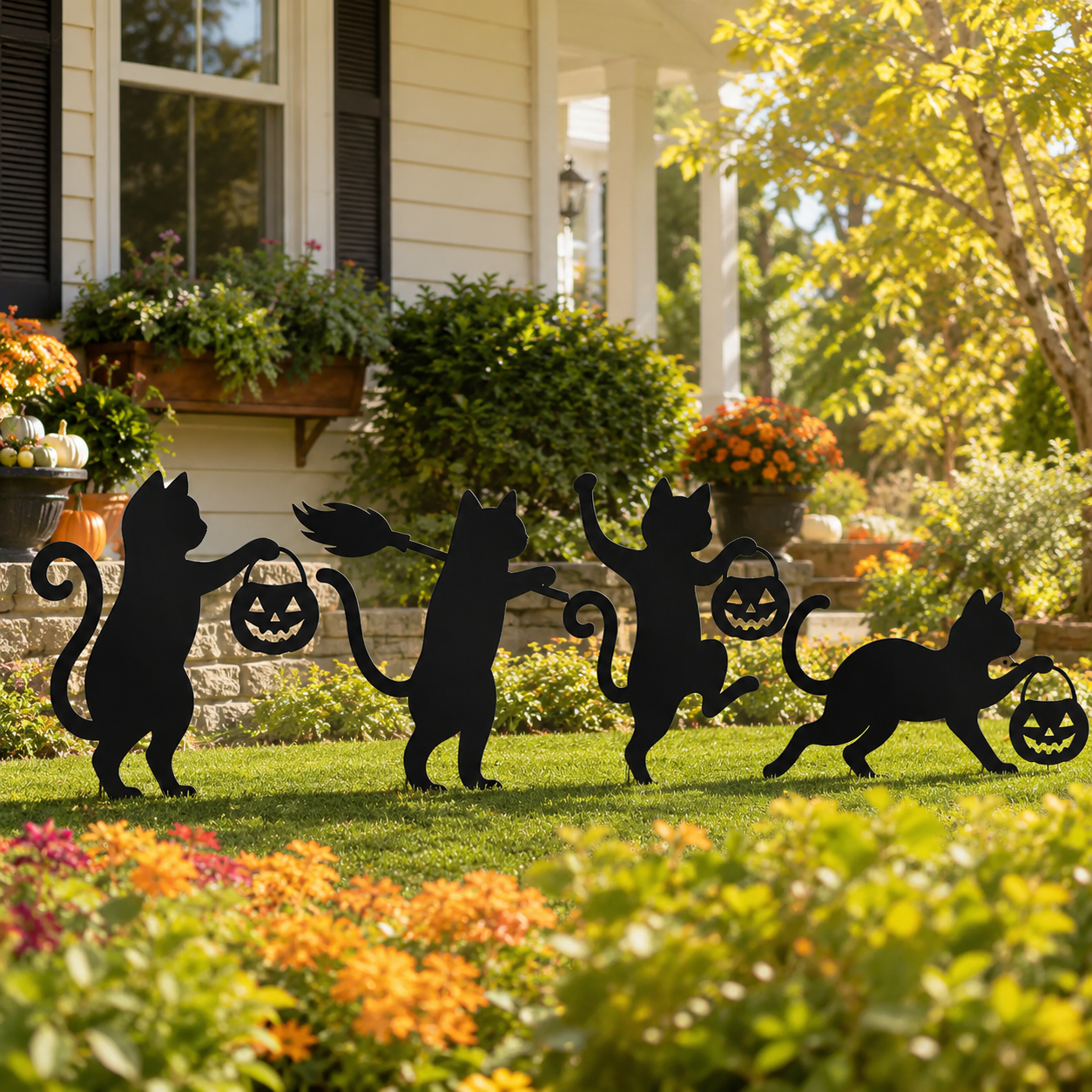 🐈‍⬛ Playful Metal Black Cat Garden Stakes – Set of 4 for Fall & Halloween Décor