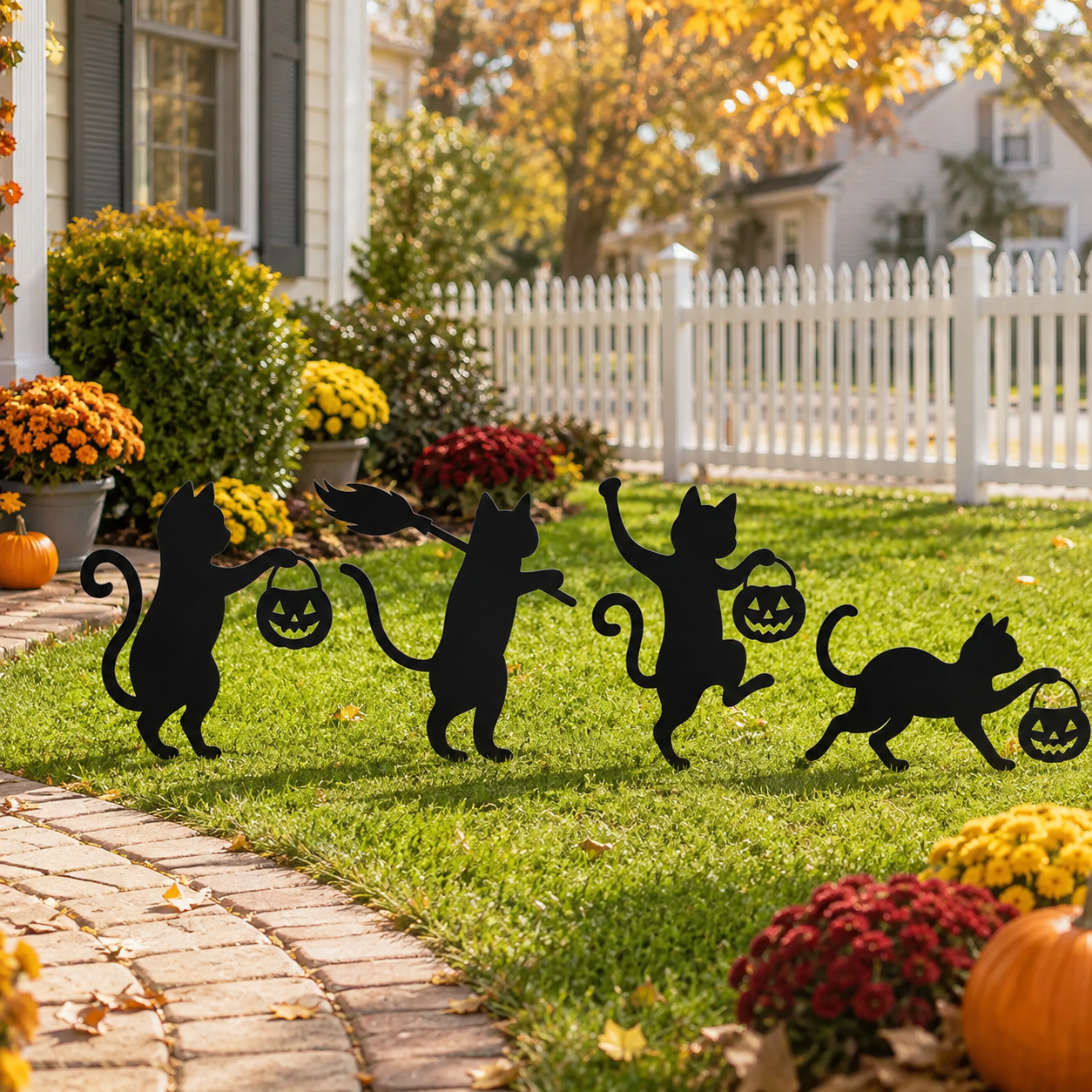 🐈‍⬛ Playful Metal Black Cat Garden Stakes – Set of 4 for Fall & Halloween Décor