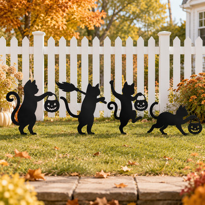 🐈‍⬛ Playful Metal Black Cat Garden Stakes – Set of 4 for Fall & Halloween Décor