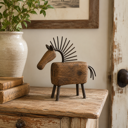 Vintage Primitive Wood & Metal Horse Sculpture