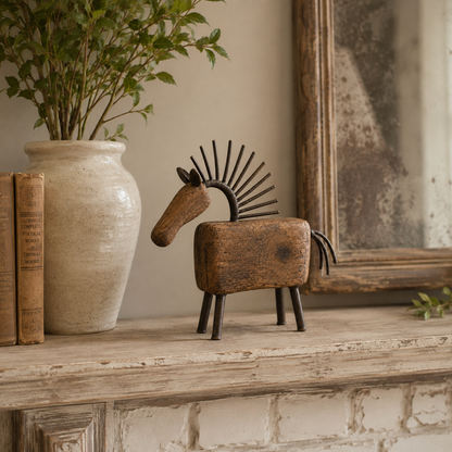 Vintage Primitive Wood & Metal Horse Sculpture