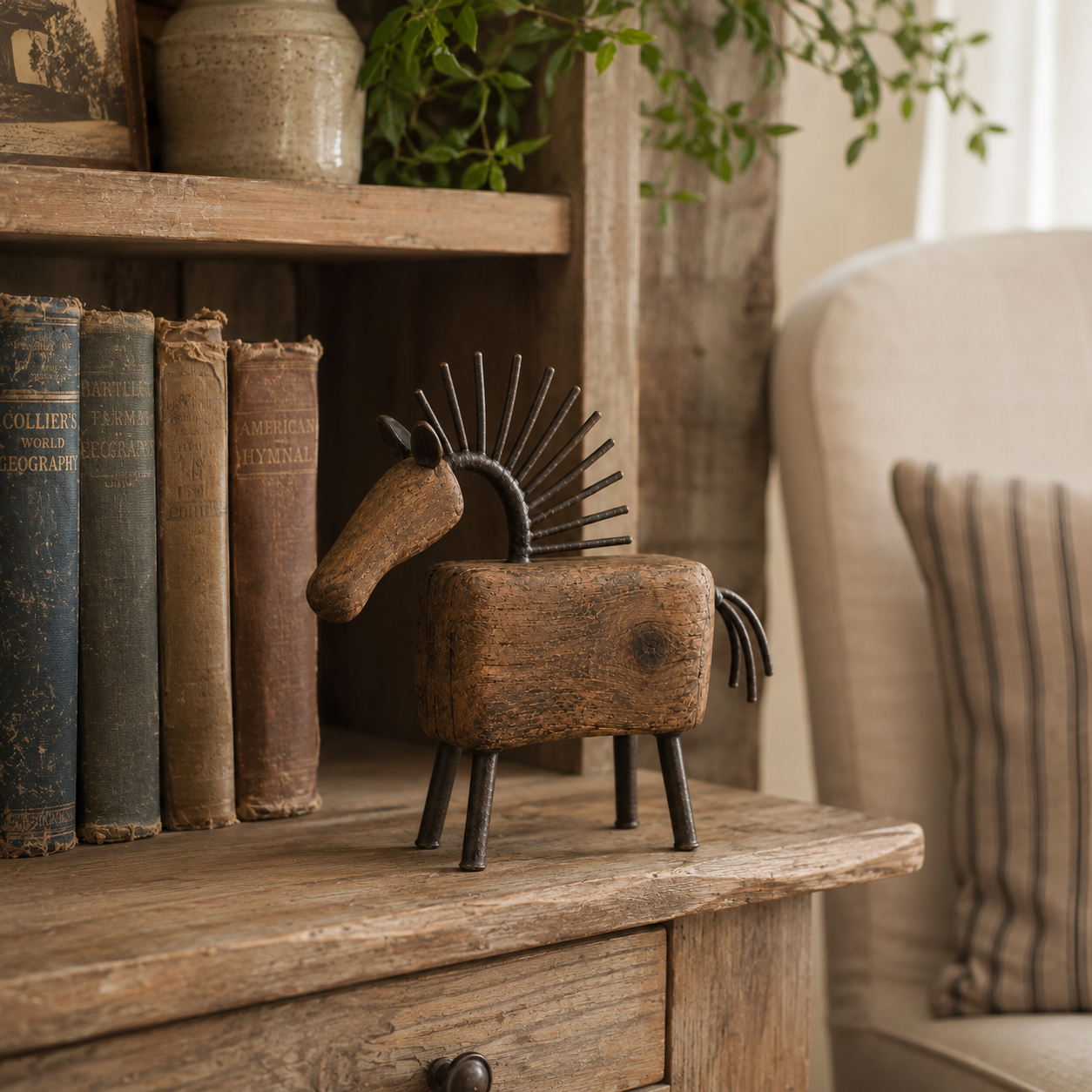 Vintage Primitive Wood & Metal Horse Sculpture