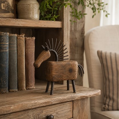 Vintage Primitive Wood & Metal Horse Sculpture
