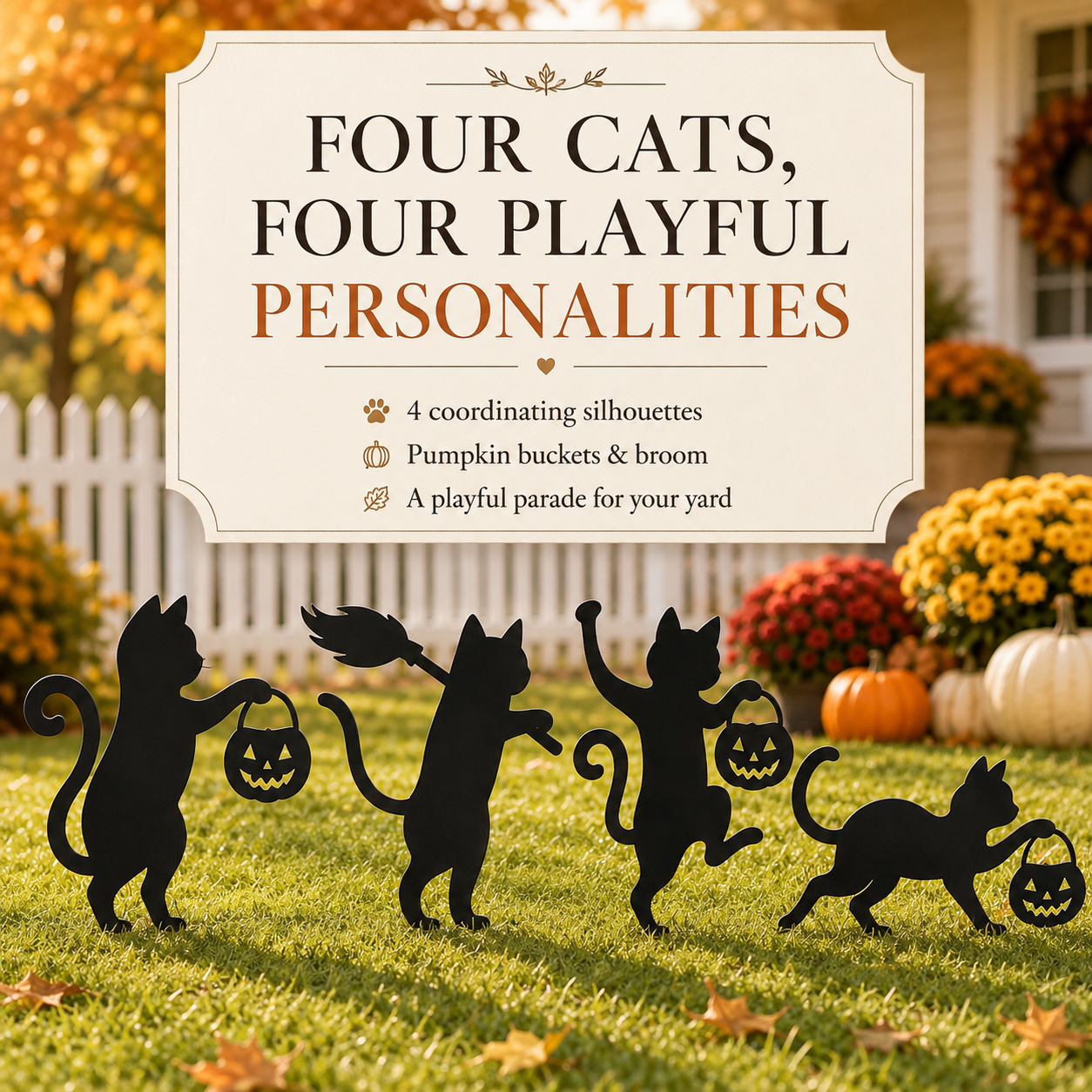 🐈‍⬛ Playful Metal Black Cat Garden Stakes – Set of 4 for Fall & Halloween Décor