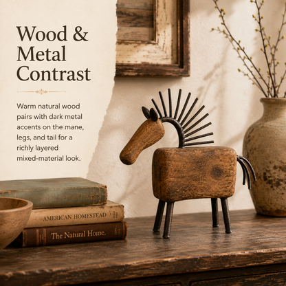 Vintage Primitive Wood & Metal Horse Sculpture